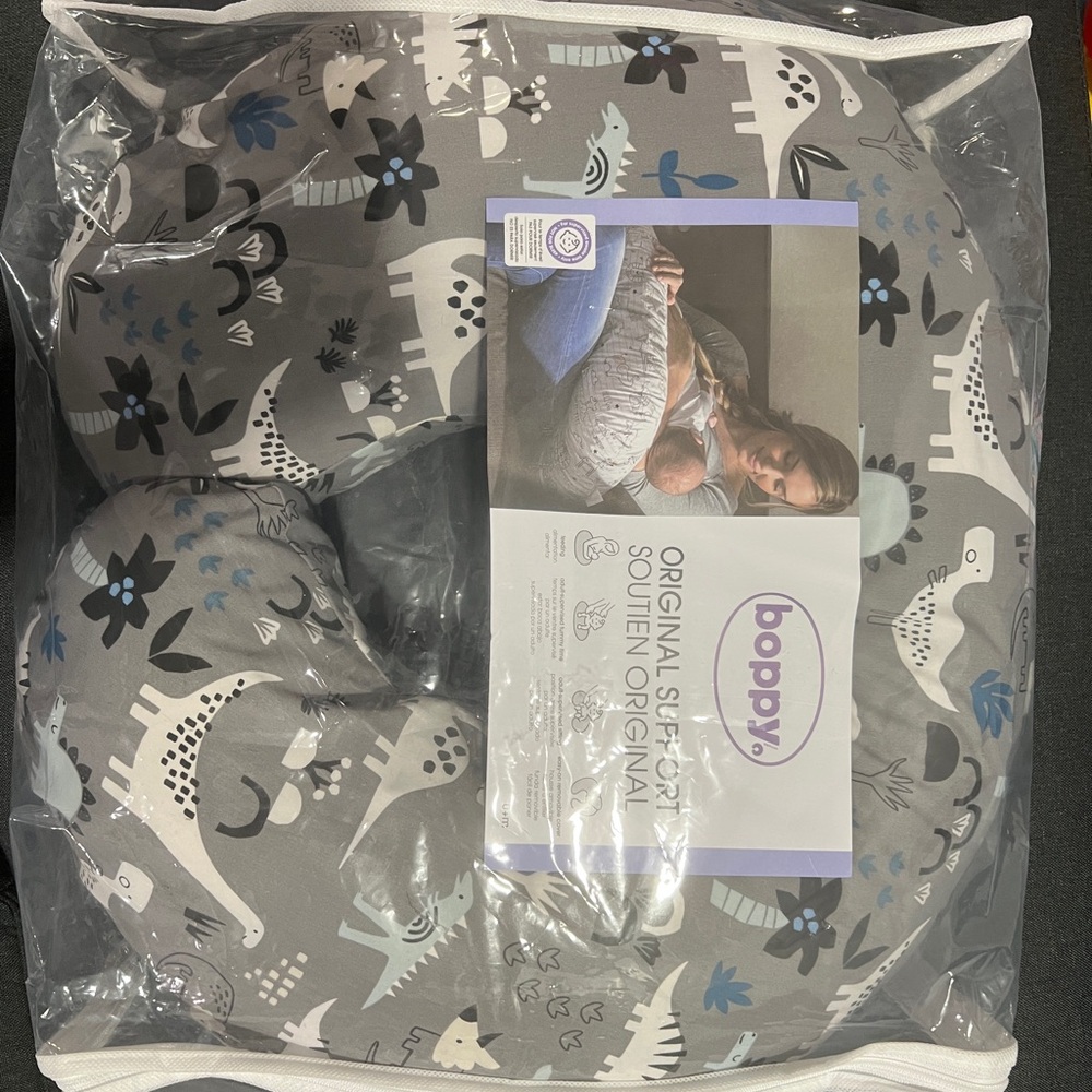 Boppy Pillow with Gray and Blue Dinosaur Design